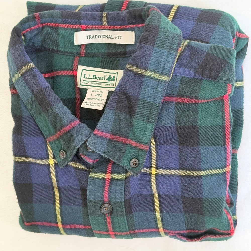 LL Bean Flannel Shirt Mens L Green Navy Plaid Traditional Fit Cotton Excellent